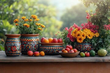 Colorful ceramic pots with vibrant floral designs, filled with marigolds and other flowers, alongside fresh fruits, displayed on a wooden table outdoors against a lush green background. 
