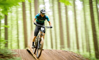 Mountain Biker Racing Down a Forest Trail with Motion Blur