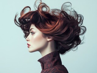 Fototapeta premium Dynamic Redhead Woman with Flowing Hair in Profile View Against Minimalist Background