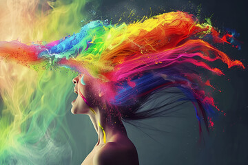 Rainbow human brain explosion, symbolizing cognitive overload and creative inspiration in psychology and neurology, vibrant and abstract