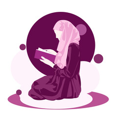 Cute girl reading book at night while sitting behind view modern muslim noface design style