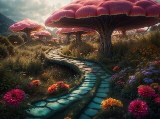 Enchanting Dreamlike Pathway Through Fantasy Forest With Giant Mushrooms