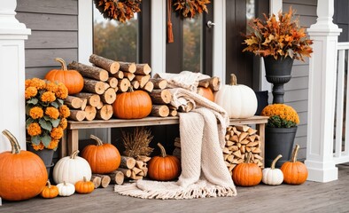 Cozy Autumn Front Porch Decor with Pumpkins, Firewood, and Blankets