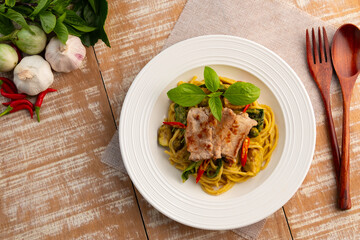 Spaghetti grilled beef with Green Curry Sauce , Thai fusion Food ,Spaghetti kaeng khiao wan.Top...