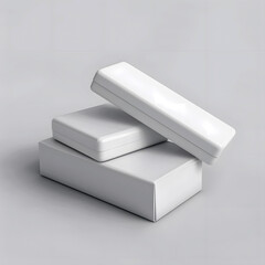 3D Soap Bar with Blank White Packaging Box: Minimalist Mockup on a Plain White Background. Empty White Metal Box for Mockup.