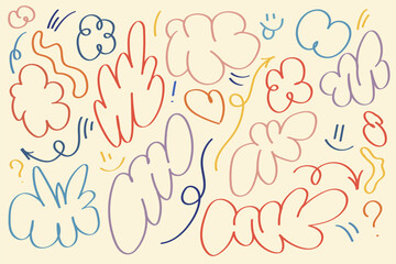 Abstract vector set of colorful elements with floral shapes, intricate patterns and wavy lines