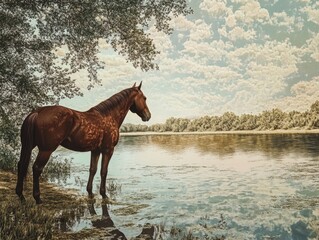 Brown Horse by Serene Riverside under Clear Blue Sky in Nature Landscape