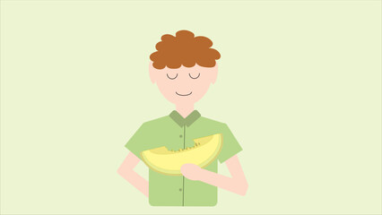 Red haired boy eat piece of fresh yellow melon and enjoys the sweet taste of fruit. Healthy food with vitamins for people. Juicy summer snack for healthy life and delicious food