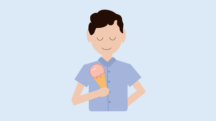Boy in shirt enjoys eating his favorite ice cream. Dessert for cooling on summer day in hands of young man. Sweet ice cream snack for people with unhealty lifestyle and food