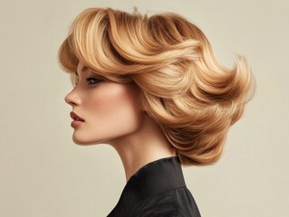 Obraz premium Elegant Woman with Retro Hairstyle Posing in Profile on Beige Background