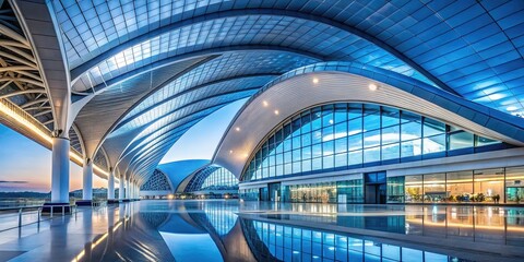 Modern airport architecture featuring geometric shapes, sweeping arches, and glass panels to create an airy ambiance infused with blue hues that evoke a sense of serenity.