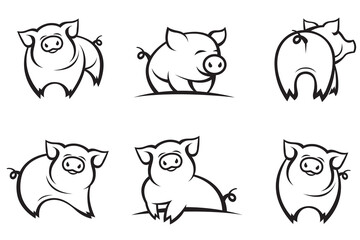collection with monochrome illustrations of pig isolated on white background