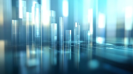 High-tech bar graph made of transparent glass bars with light reflections, minimalist background