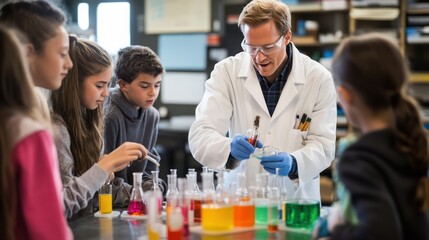 A scientist in a lab coat teaching a group of students about a chemistry experiment, with various colorful chemicals on the table