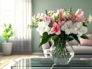 Fototapeta premium Elegant Glass Vase with Fresh Spring Flowers in a Cozy Living Room Setting