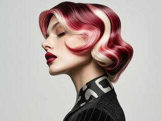 Stylish Woman with Red and White Wavy Hair and Bold Makeup in Vintage Glamour Portrait