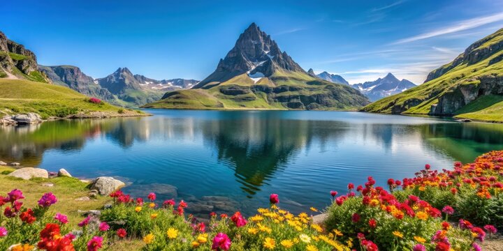 Scenic view of colorful flowers on Lake Gentau with Mount Middi d Ossau in Pyrenees National Park, France, flower
