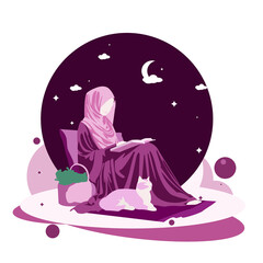 Cute muslimah girl reading book and pray while relaxing outdoor with cat at night modern noface design style vector illustration