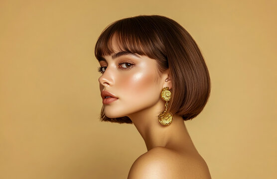 Beautiful woman with a brown bob haircut, wearing golden earrings