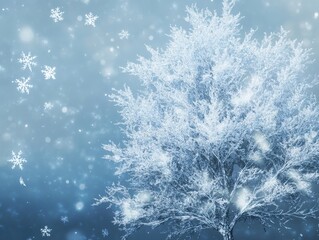 Serene Winter Wonderland with Snowflakes Falling on Frost-Covered Tree