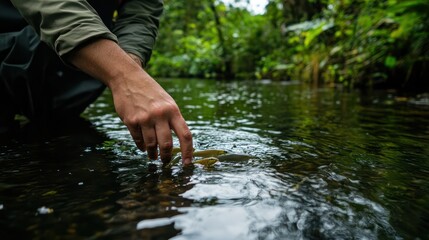 A serene river scene where a researcher is releasing baby fish into the water as part of a reintroduction program to restore local ecosystems