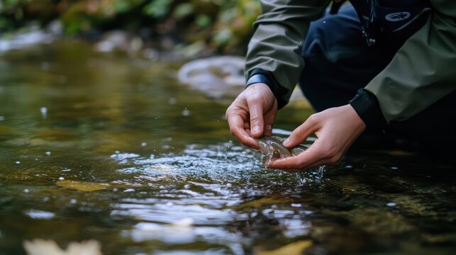 A serene river scene where a researcher is releasing baby fish into the water as part of a reintroduction program to restore local ecosystems