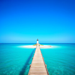 Long Wooden Pier Leading to a Lighthouse on a Small Island