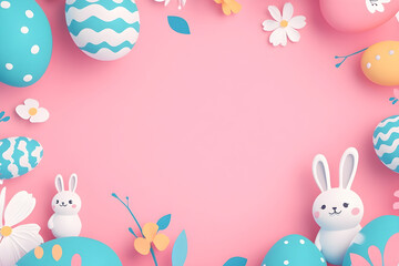 Obraz premium Cute Easter background with colorful eggs, flowers, and smiling cartoon bunnies on a pink backdrop. Perfect for festive designs, greeting cards, and holiday-themed projects.