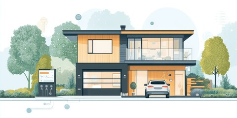 Modern house with car, trees, and charging station.