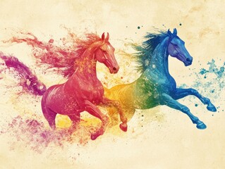 Vibrant Multicolored Abstract Horses Running in a Dreamlike Artistic Landscape