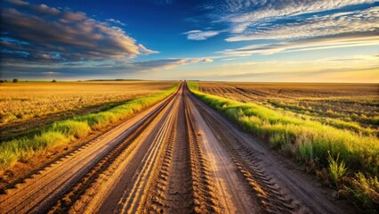 Fototapeta premium Wheel tracks on dirt road leading into the distance, dirt, road, tracks, wheel, vehicle, transportation, nature, outdoor, trail