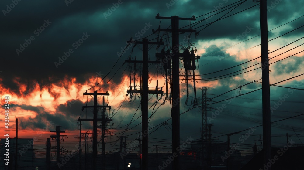 Poster Industrial scene with multiple power poles and transformers, dark clouds in the background