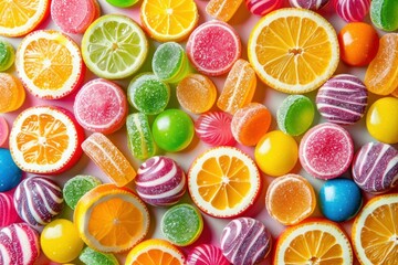 Colorful jelly candies are lying on a white surface with slices of citrus fruits, creating a vibrant and sweet background