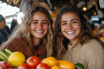 Adult twin sisters with bright smiles, shopping together at a bustling outdoor market, Generative AI