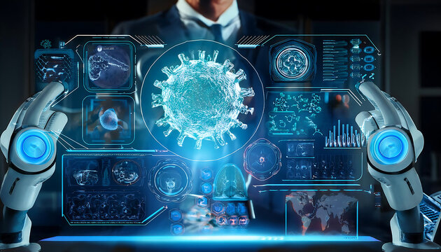 visualization disease outbreak including holographic analysis monkeypox spread futuristic medical tools