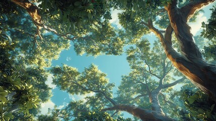 Looking up at a sunny forest canopy, with towering trees and lush green leaves against a bright blue sky.