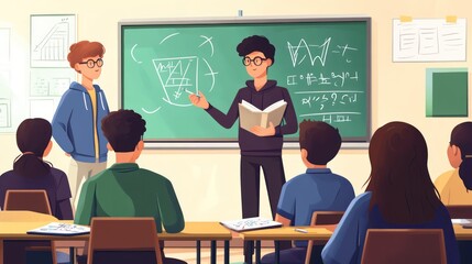 A teacher standing in front of a smartboard, explaining a complex math problem to attentive high school students in a modern classroom