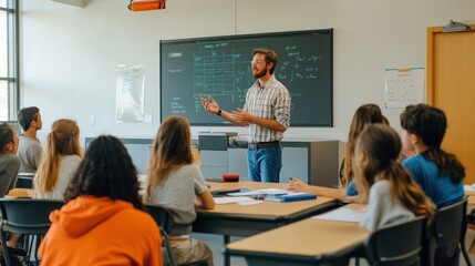 A teacher standing in front of a smartboard, explaining a complex math problem to attentive high school students in a modern classroom