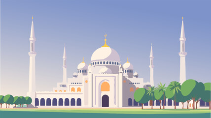 Illustration of a mosque with tall minarets, large domes, and intricate Islamic architecture, surrounded by greenery