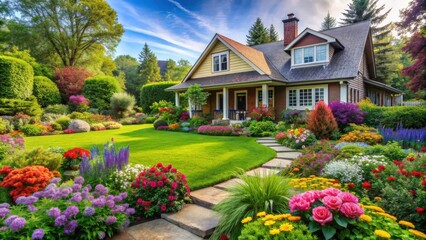 Beautiful home and garden with lush greenery, colorful flowers, and a peaceful atmosphere, Home, garden, beautiful, serene