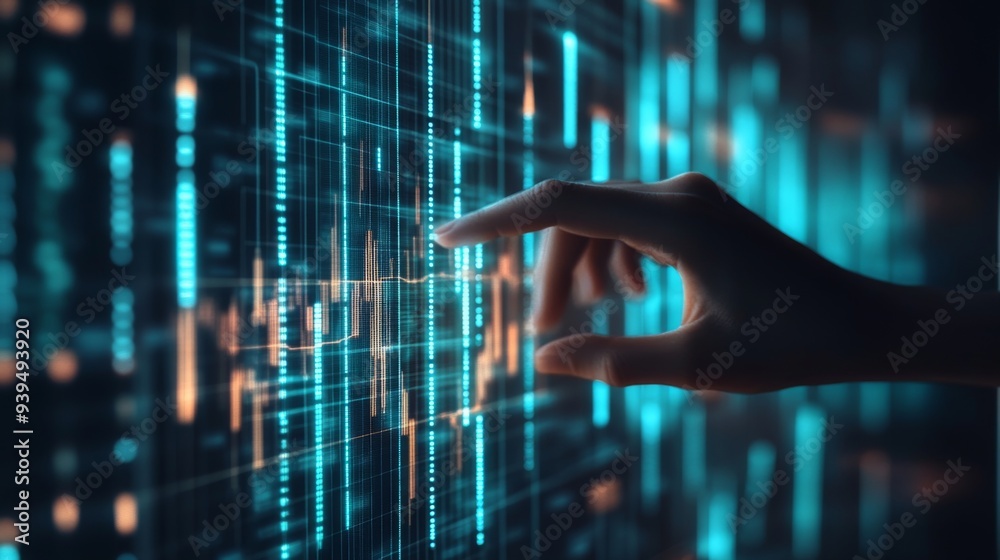 Aufkleber interactive bar chart with each bar highlighting as a hand hovers over it, futuristic data concept