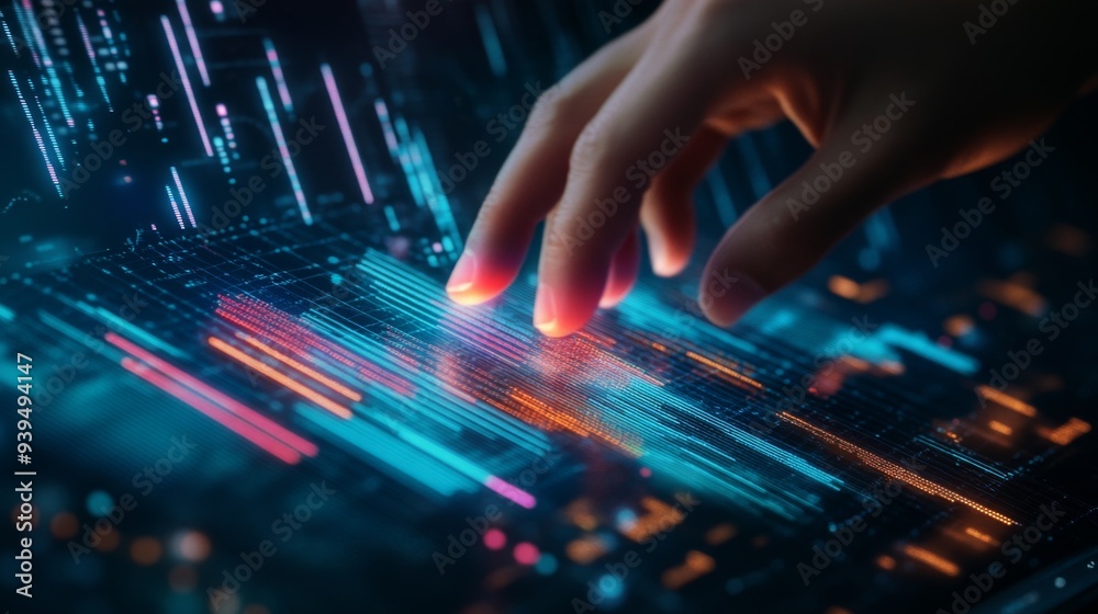 Poster Interactive bar chart with each bar highlighting as a hand hovers over it, futuristic data concept