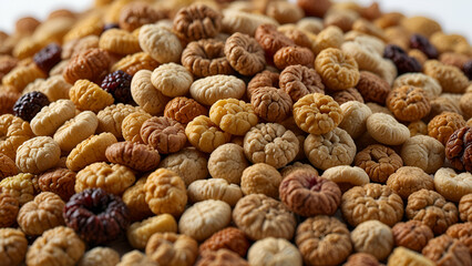 Mixed cereals on a white background, showcasing a variety of grains and textures.