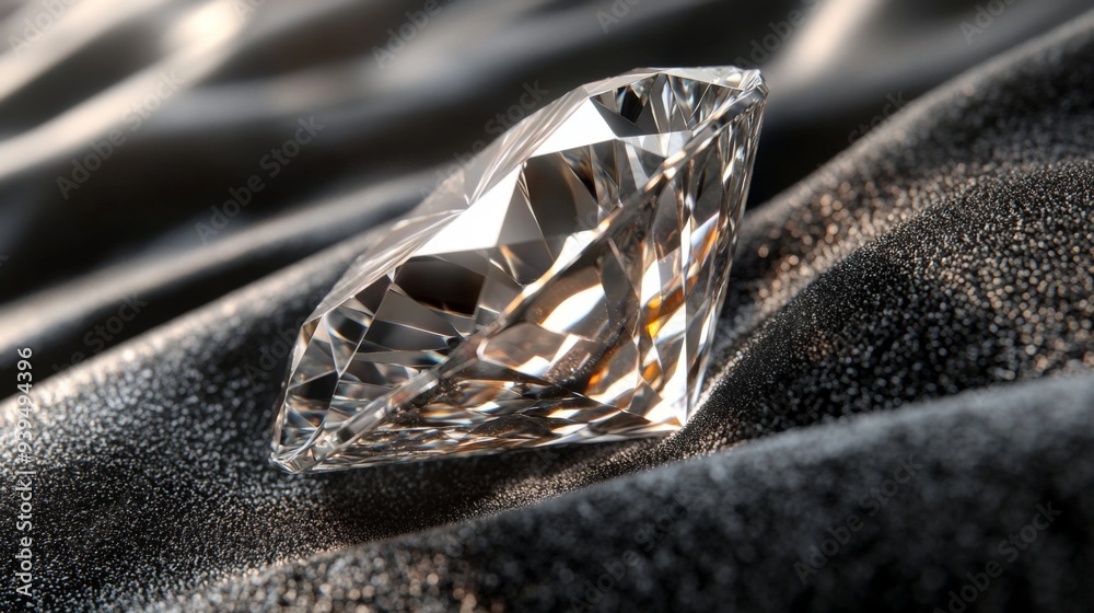 Poster Macro image of a diamond on black velvet, emphasizing its sharp edges and flawless surface