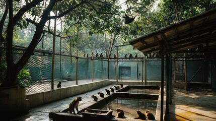 A tranquil scene at a wildlife rescue center where a group of volunteers feed orphaned baby monkeys.