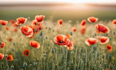 Obraz premium Vibrant Red Poppies Blooming in a Sunlit Meadow