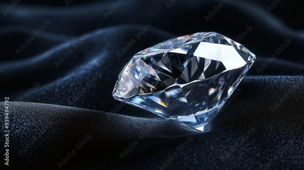 Poster Macro image of a diamond on black velvet, emphasizing its sharp edges and flawless surface