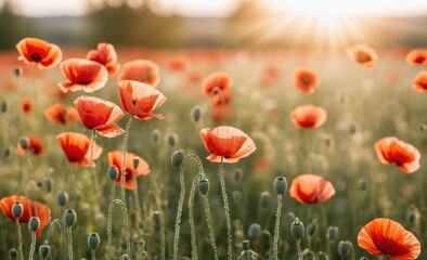 Obraz premium Vibrant Red Poppies Blooming in a Sunlit Meadow