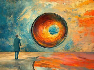 Fototapeta premium Man Gazing at an Abstract Vortex Painting Reflecting on Vibrant Colors and Textures