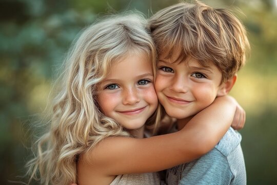 Happy siblings hugging lovingly in summer park. Young children brother and sister embracing each other outdoors. Family love and relationship concept, Generative AI